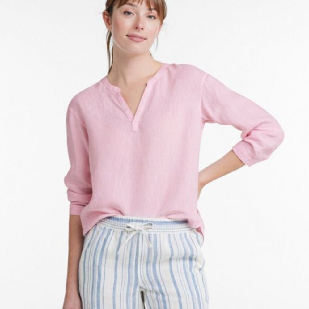 L.L. Bean Women's Coastal Washable Linen Shirt,‎ Splitneck Baby Pink L